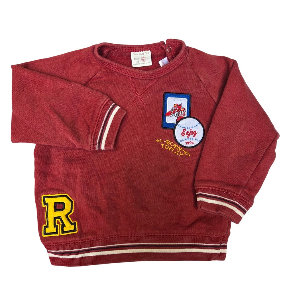 Zara Baby Boy Red Varsity Baseball Patch Sweatshirt Size 2/3 Years Casual